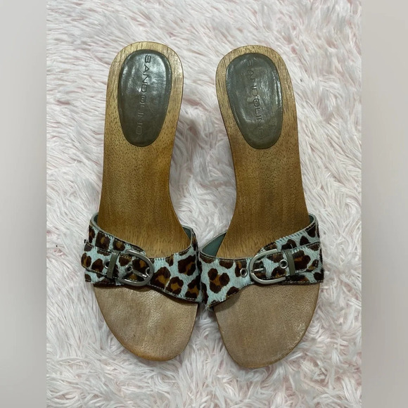 Bandolino Buckle Blue Brown Leopard Print Faux Fur Wood Clog Heels Women’s 8.5 - Picture 2 of 11